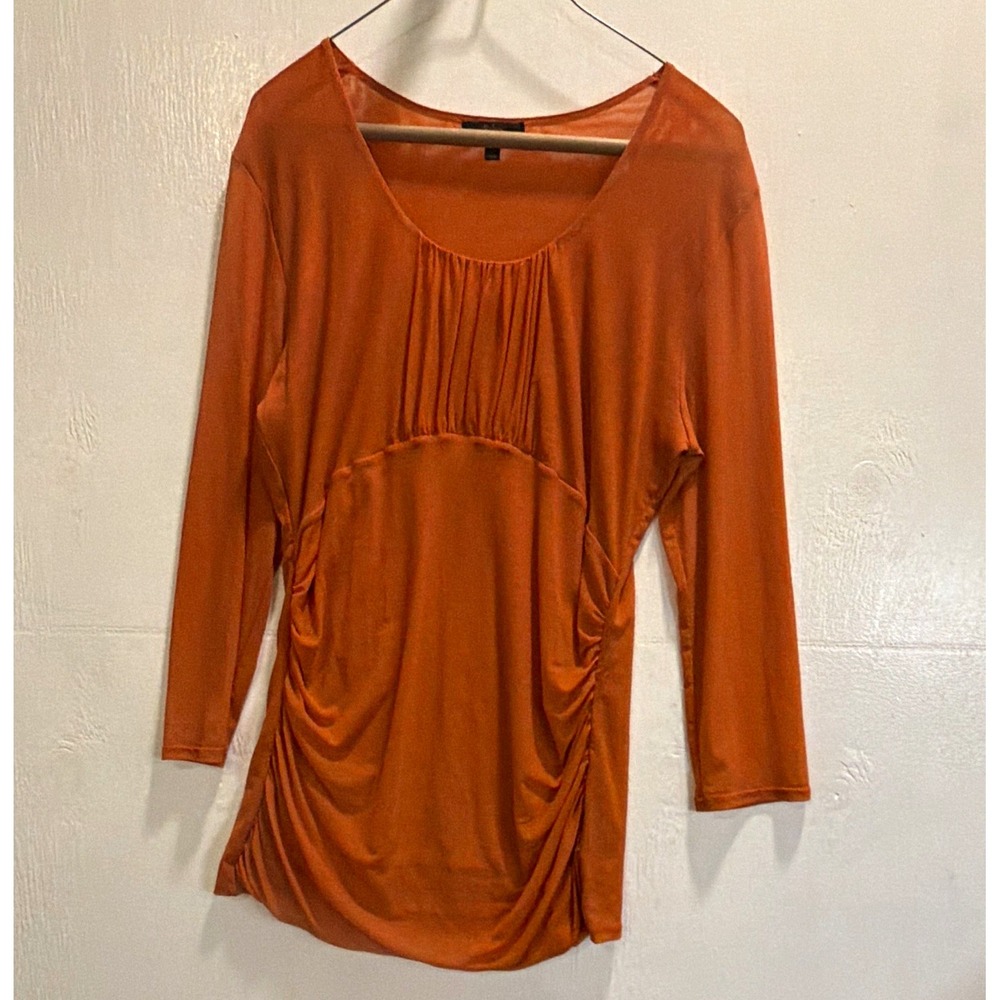 Bebe Orange L Scoop Neck 3/4 Sleeve Ruched Pleated Knit Stretch Pullover Top